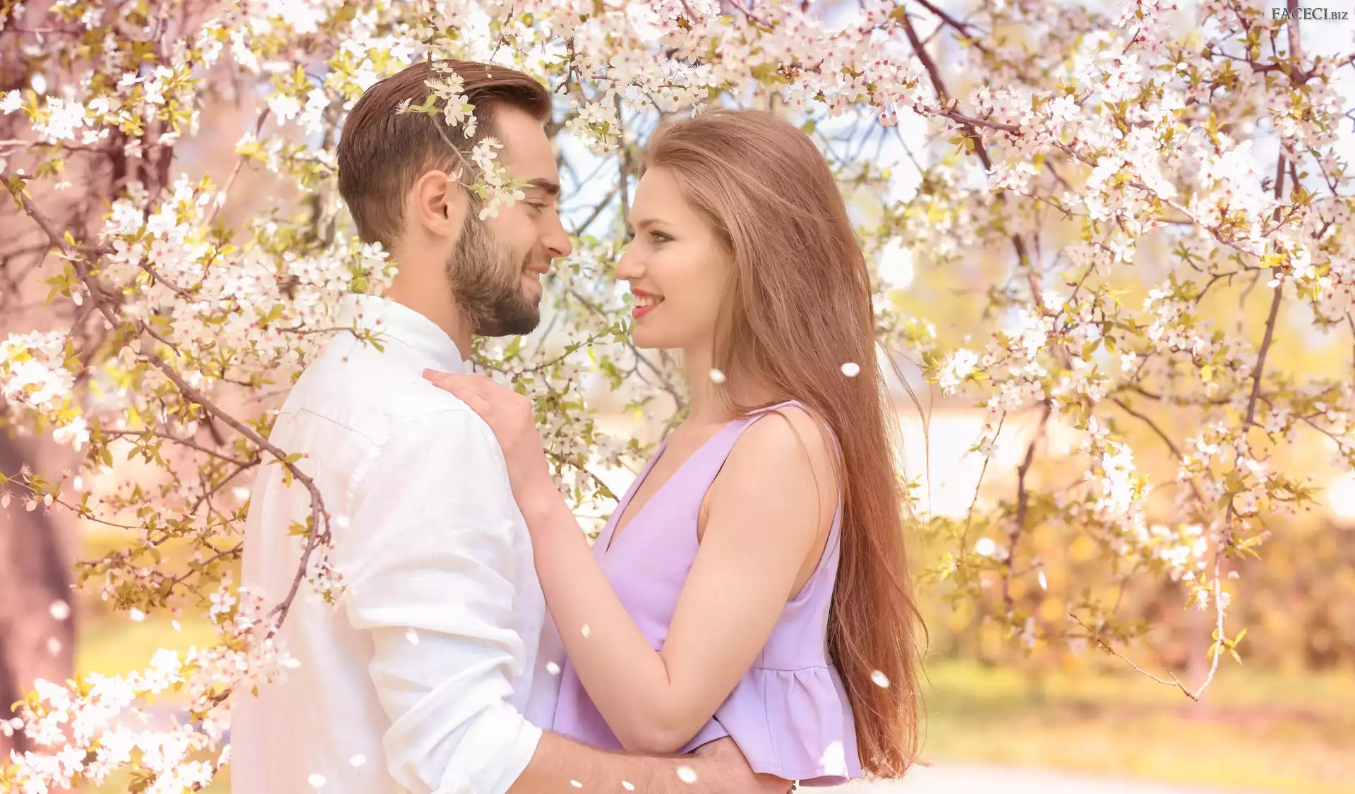 Drzewa, Kwitnące, Mężczyzna, Kobieta, Radość