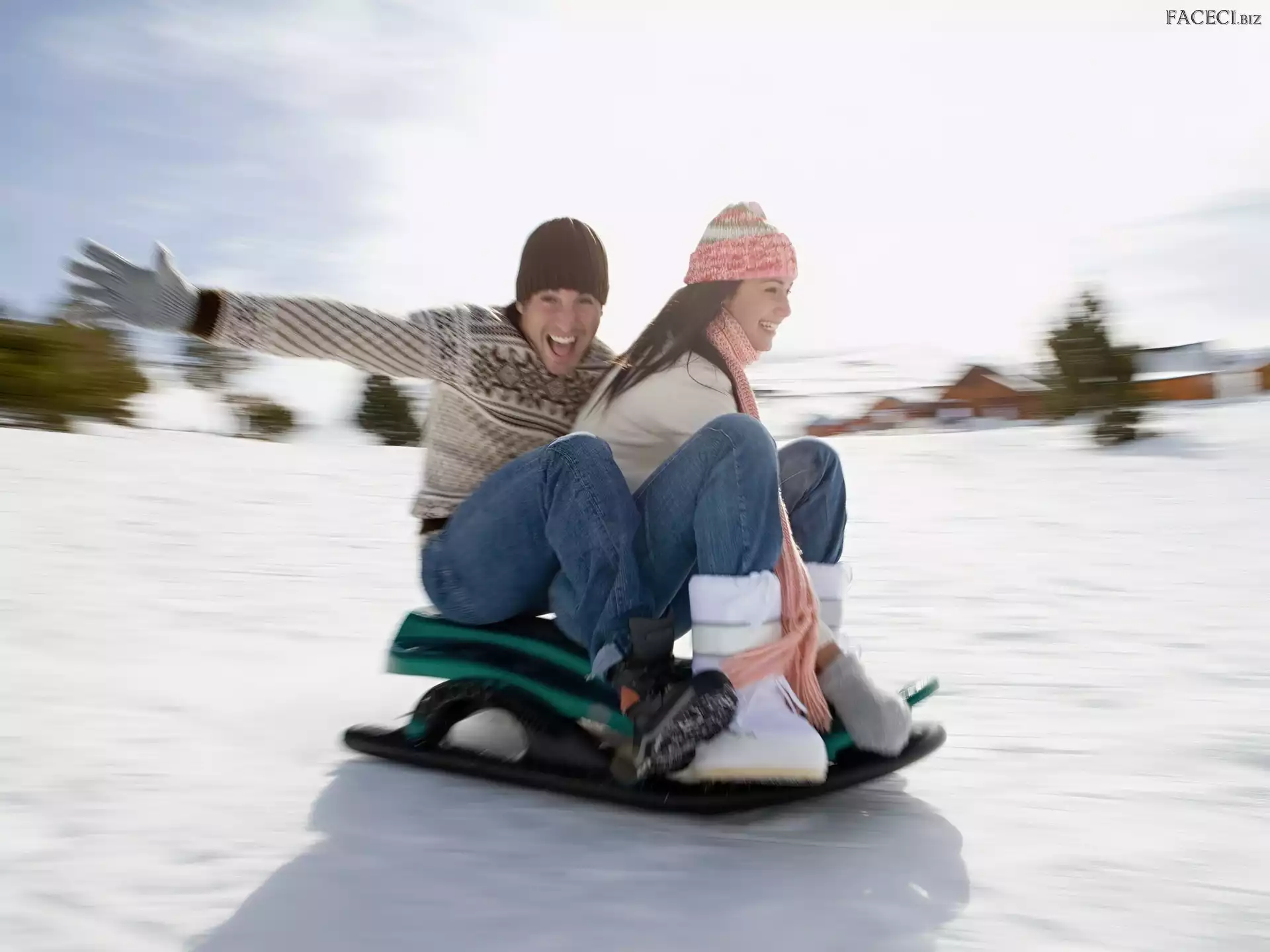 Jazda, Saneczki, Para, Zima, Śnieg