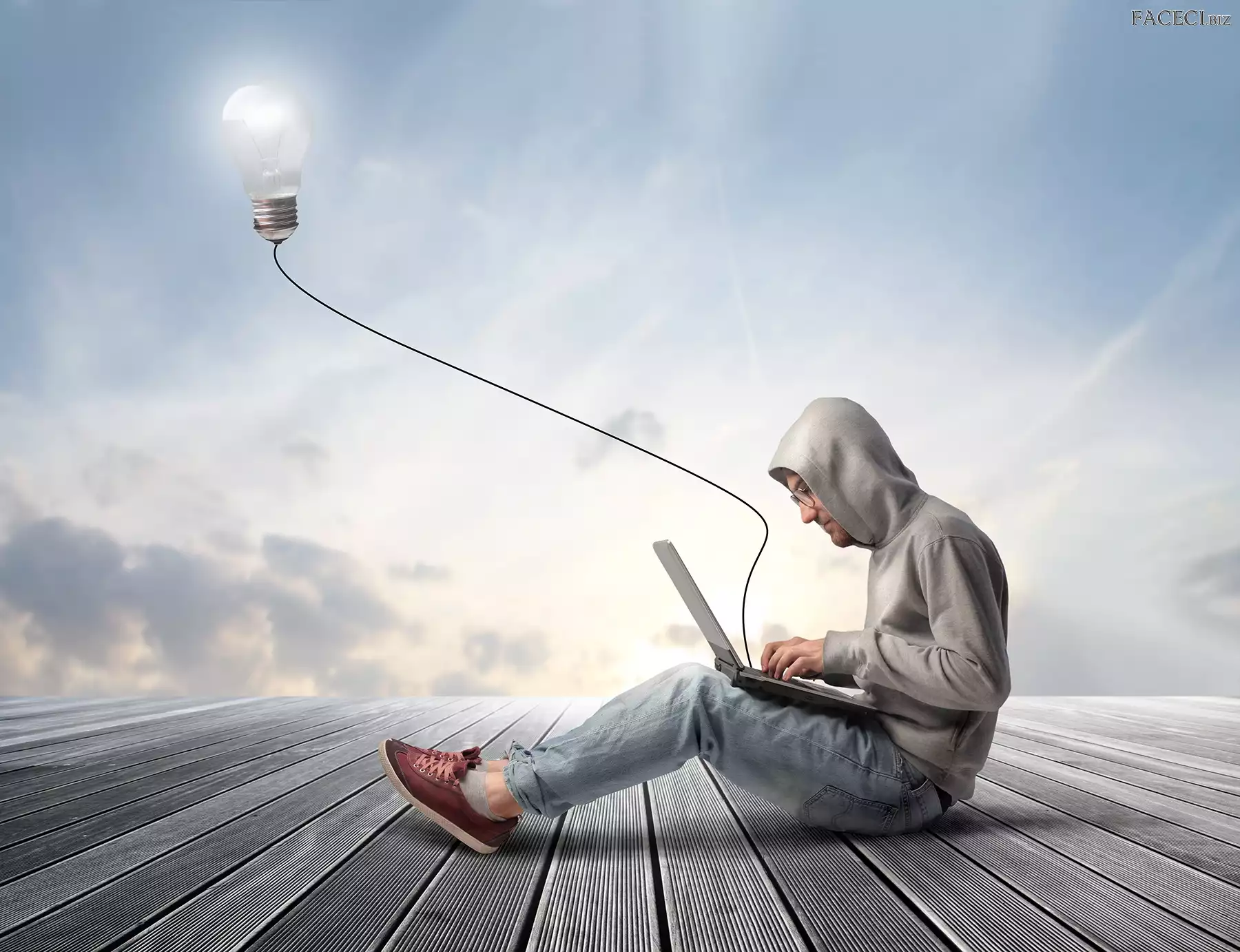 Mężczyzna, Żarówka, Abstrakcja, Laptop