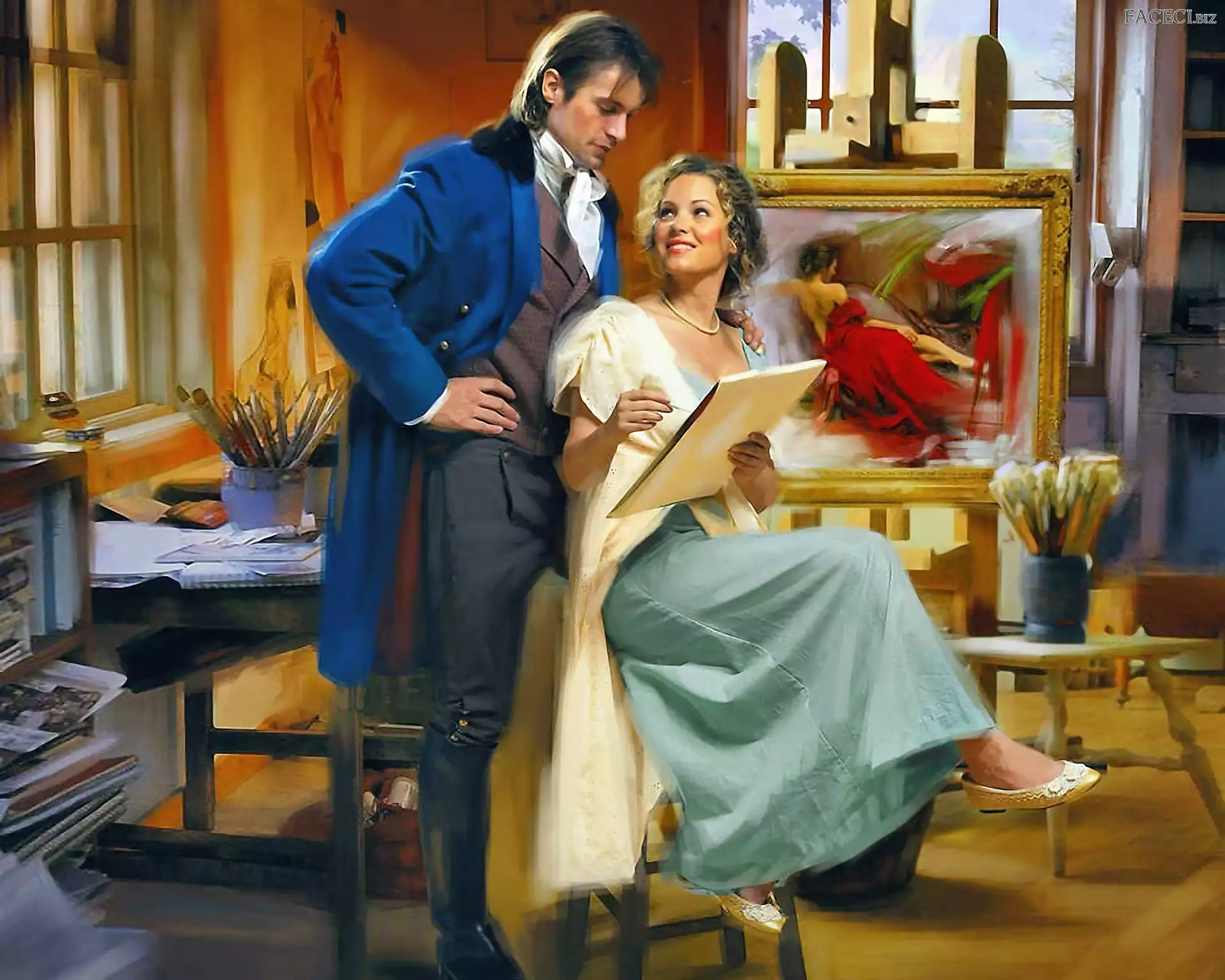 Mężczyzna, Sztalugi, Kobieta, Obraz