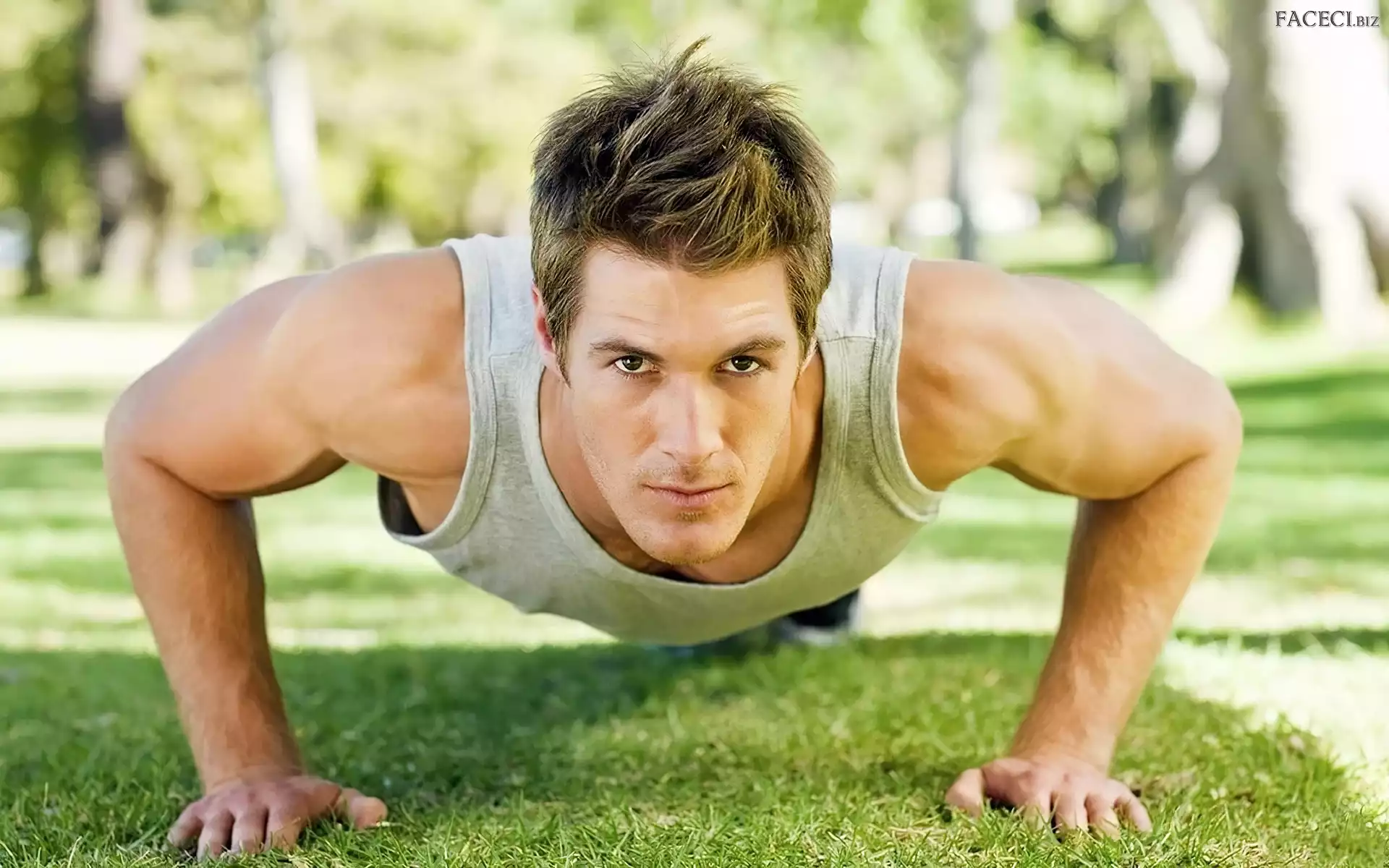 Pompki, Sport, Mężczyzna, Park, Trawa